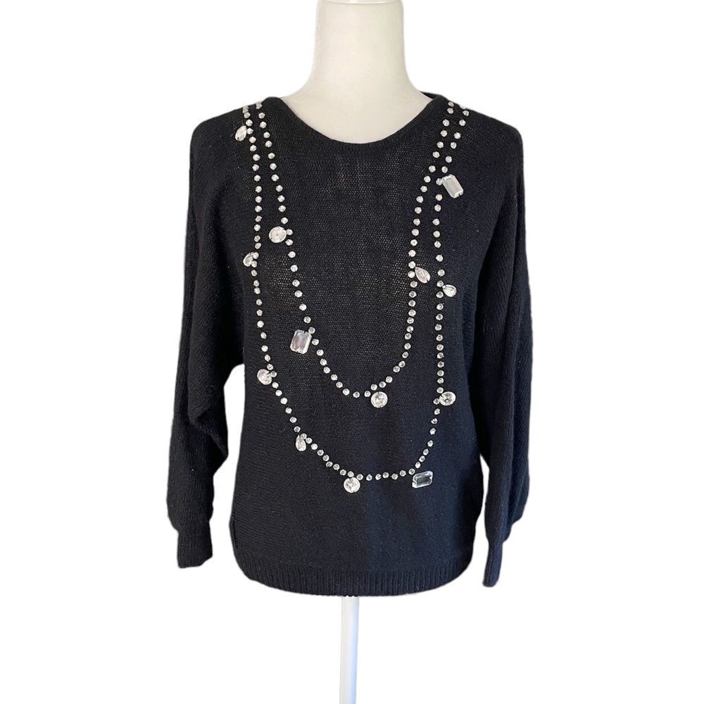 Vintage Samantha Starr Black Sweater with Faux Necklace Strand Rhinestone Front